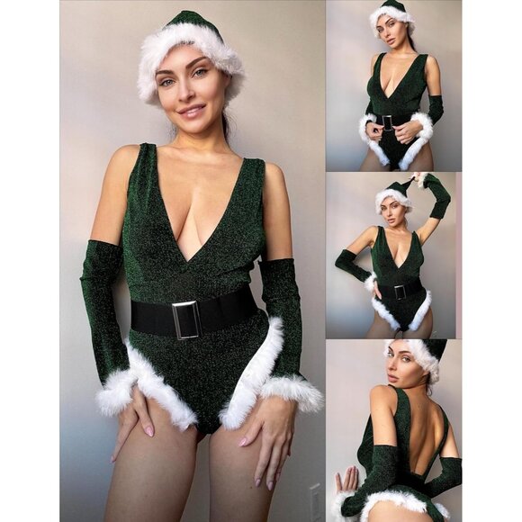 Women's Sexy Christmas Lingerie Green Bodysuit Deep V Teddy with Hat and Gloves - Picture 2 of 7